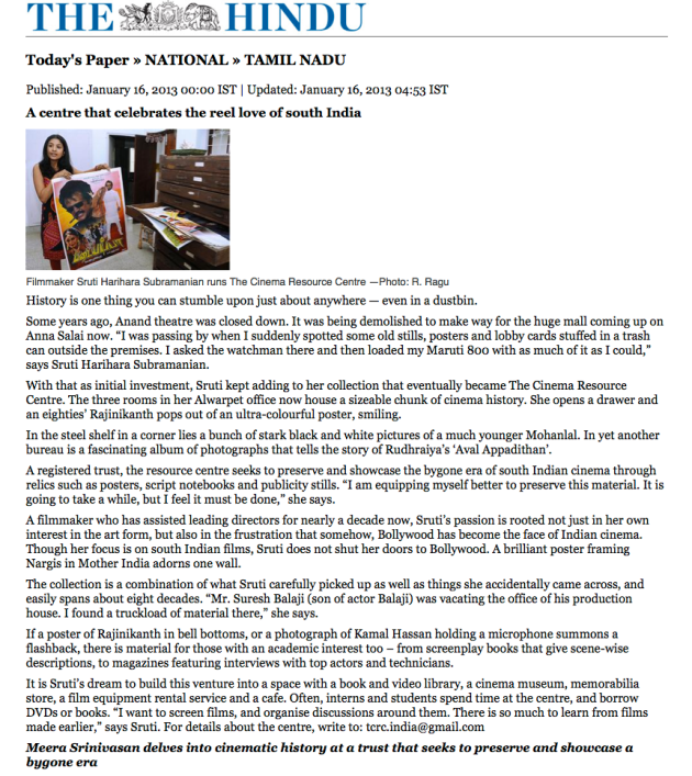 The Hindu on The Cinema Resource Centre